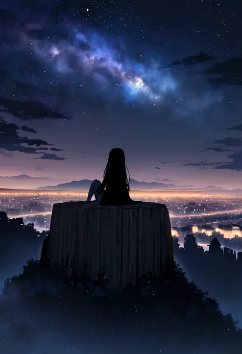 Octane, null, star (null), scenery, starry null, night, One girl, night null, alone, Outdoor, building, cloud, milky way, Sitting, wood, Long Hair, city, silhouette, cityscape 