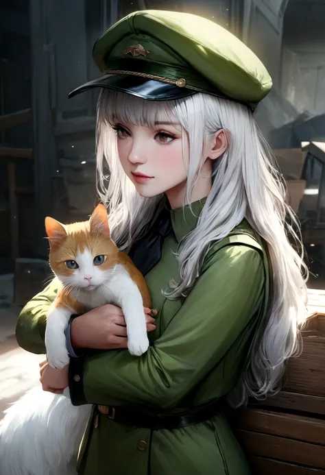 (highest quality,4K,8k,High resolution,masterpiece:1.2), Super detailed, Realistic:1.37,
大きな目がcute cat, cute cat, fluffy white fur, Wear a green truck driver&#39;s uniform, Box in hand, Wearing a hat