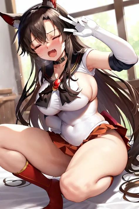 masterpiece, high definition, best quality, rendered art, well formed hands, fingers and body, 1 woman, solo, Imaizumi Kagerou, wolf ears and wolf tail, adult, grown up, wearing Sailor Moons outfit, big breasted, cleavage, full body, sexy sailor senshi uni...