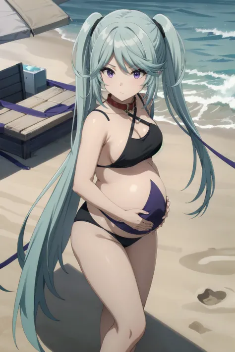 1girl, twintails, purple eyes, long hair, blue hair,school swimsuit,collar,leash,pregnant,pregnant belly,
