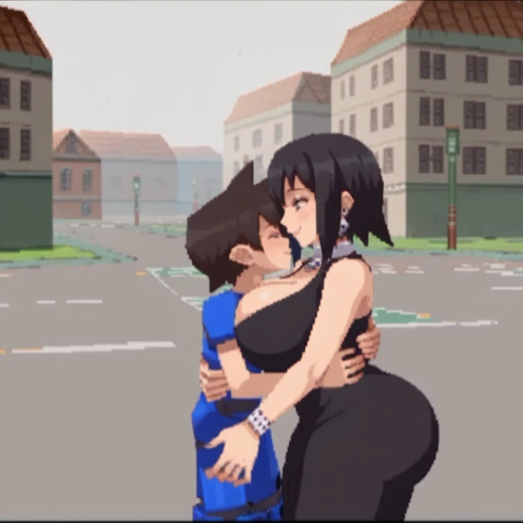 woman and male , score_9, score_8_up, score_7_up, side view, city background, rcklgnd, huge breasts, mega sexy gothic woman, 1girl, smile, black dress, cleavage, curvy, wide hips, detailed, huge ass,
male , hug, male  hug woman, hard hug, smile, woman and ...