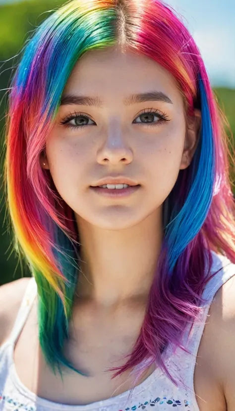 the brightness of a sunny summer day々under the clear sky、a stunning portrait of a 17-year-old girl with rainbow-colored hair tha...