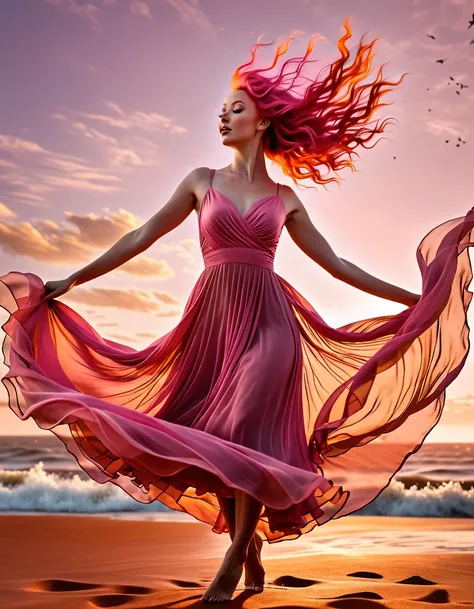  beautiful woman with long pink hair,In this compelling image, a womans silhouette emerges against a breathtaking backdrop of vibrant orange hues. Caught in the midst of a gentle, swirling wind, her flowing hair and billowing dress possess an ethereal qual...