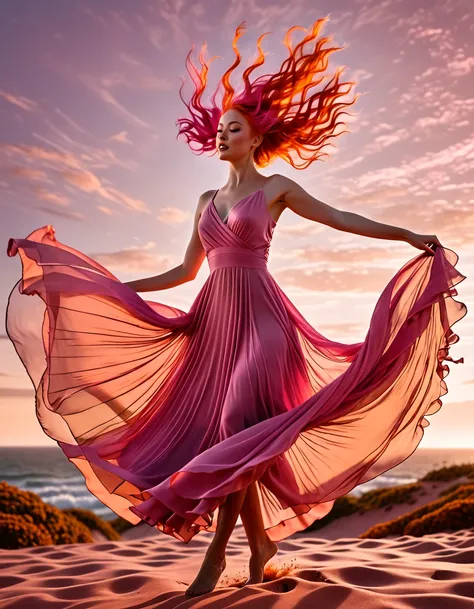  beautiful woman with long pink hair,In this compelling image, a womans silhouette emerges against a breathtaking backdrop of vibrant orange hues. Caught in the midst of a gentle, swirling wind, her flowing hair and billowing dress possess an ethereal qual...