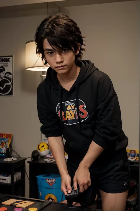 Disney Pixar poster says anime boy 
messy hair wearing a black hoodie, black shorts, playing games in the room