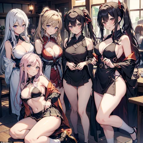 ((((Haremの4人のキャラクターが笑顔で描かれました))))、A group of female adventurers set in a medieval fantasy world,Dragon Quest、 (At the pub), Various Hair Styles, (Harem), night, detailed aspects, Clothes on white, Remove the front hook, V-neck clothing, (Clothes that expos...