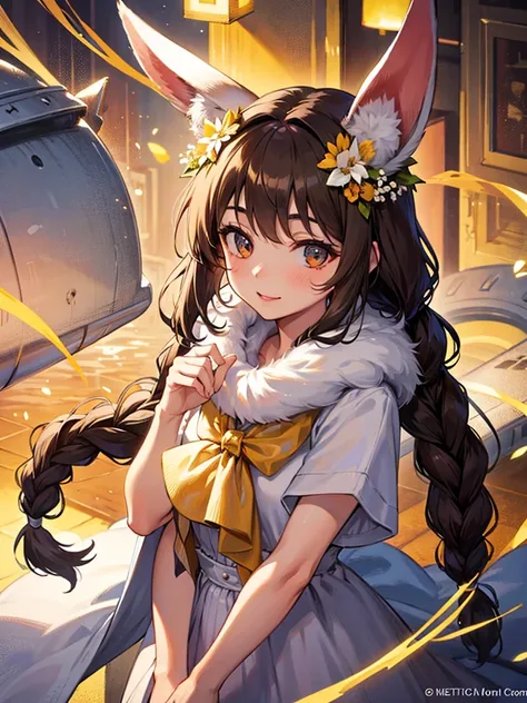 1girl, solo, long hair, looking at viewer, smile, bangs, brown hair, hair ornament, holding, animal ears, brown eyes, upper body, braid, flower, hair flower, rabbit ears, twin braids, lips, animal, watermark, rabbit, head wreath, holding animal, wreath