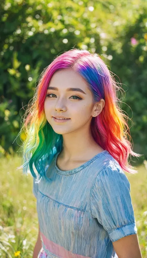 The brightness of a sunny summer day々Under the clear sky、A stunning portrait of a 17-year-old girl with rainbow-colored hair that&#39;s a mix of blue and pink.、The breathtaking views unfold。Half blue and half pink々in、A girl with colorful, flowing hair、魅惑的な...