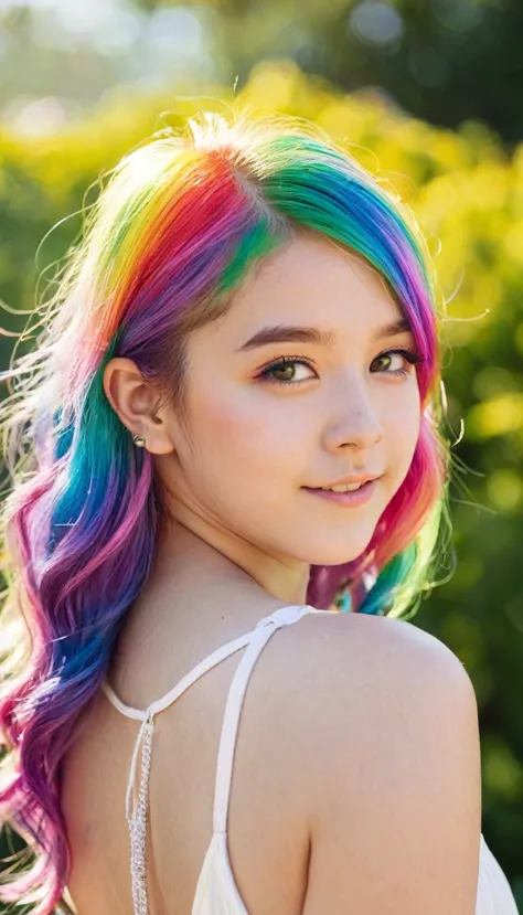 the brightness of a sunny summer day々under the clear sky、a stunning portrait of a 17-year-old girl with rainbow-colored hair tha...