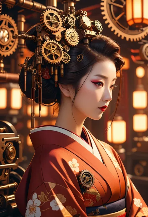 a detailed geisha with intricate hairstyle, elegant makeup, traditional japanese kimono, delicate fingers, masterful control over mechanical components, steampunk, cinematic lighting, intricate gears and machinery, dystopian sci-fi, warm color palette, cin...