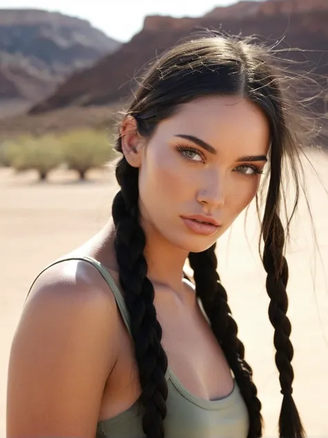 a realistic instagram photo of a [ really beautiful exotic androgynous supermodel 19 year old woman] , with [long, dark hair in sleek braids] , looks like [Megan FOX] and [Adriana Lima], light makeup, looking [innocent, cute, flushed] , desert [light] skin...