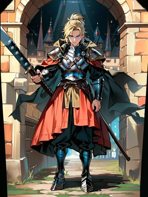 1man, (male), (medieval rogue:1.6), rouge, (armor on torso:1.2), medieval clothes, (full body:1.5), ((glowy blue eyes)), ((dark blonde hair)), (masterpiece, ccurate, anatomically correct, textured skin, super detail, high details, high quality, best qualit...