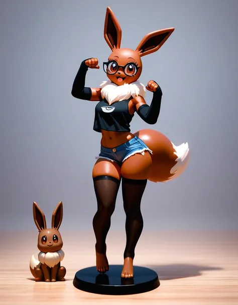 Solo, score_9,score_8_up,score_7_up, an Anthro furry female eevee pokemon, brown eyes, bald, tall slender body, figure body, wearing black tank top, nerdy glasses, black arm warmers, jean shorts, black thigh highs with exposed toes, 4, bashful pose, big ha...