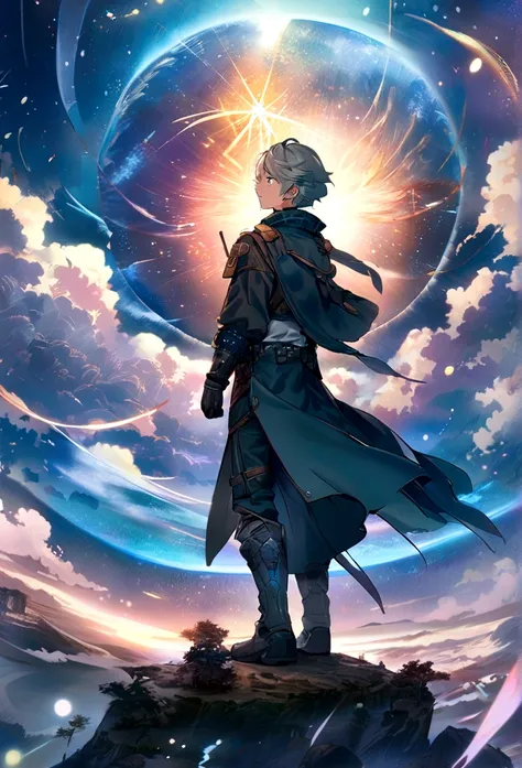 Anime boy standing on a rock and looking at the star-filled sky, Makoto Shinkai Cyril Rolando, anime art wallpaper 4k, anime art wallpaper 4k, Anime Art Wallpapers 8K, Cosmos Sky. by makoto shinkai, Inspired by Cyril Rolland, Dan Mumford&#39;s Artwork Styl...