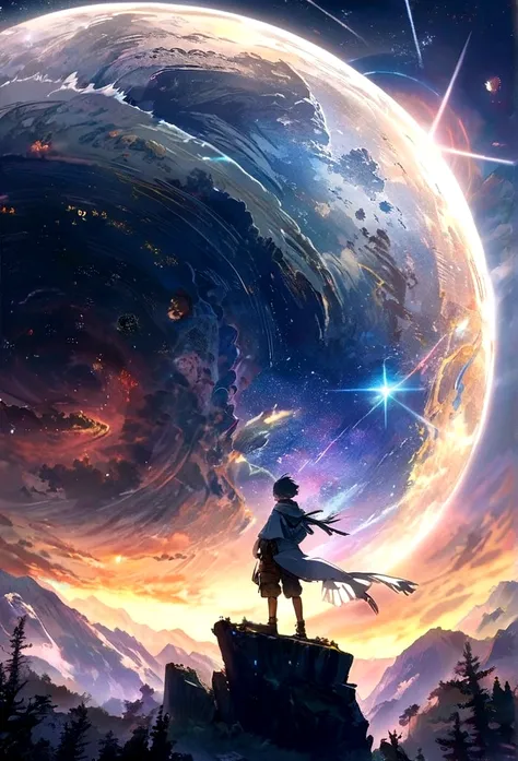 Anime boy standing on a rock and looking at the star-filled sky, Makoto Shinkai Cyril Rolando, anime art wallpaper 4k, anime art wallpaper 4k, Anime Art Wallpapers 8K, Cosmos Sky. by makoto shinkai, Inspired by Cyril Rolland, Dan Mumford&#39;s Artwork Styl...