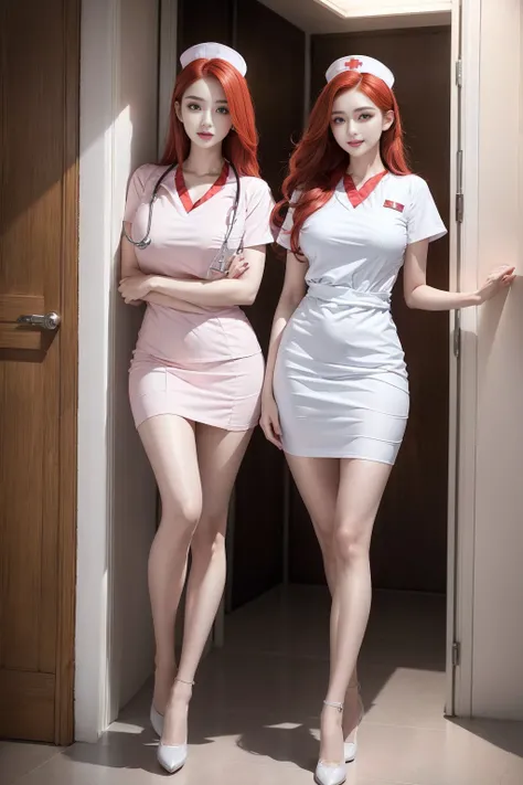 (2 终极美女Nurse)、((Realistic lighting, best quality, 8K, masterpiece:1.3)), Lock focus:1.2, Beautiful Women in Perfect Shape:1.4, : Beautiful korean girl, Korean pop idol，Leg length，(Pale skin), (big eyes),（Smile：0.8），（plump sexy lips）， complex and detailed f...