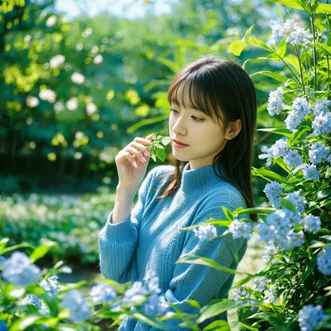 A garden with a calm and relaxing atmosphere。CD jacket image、beautiful flower々or blue々The plant life is depicted.、There the mind is at peace、People who find healing々There are。The gardener woman represents kindness and gentleness.、There is warmth and unders...