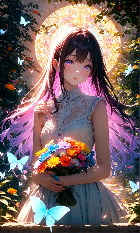 (woman(student, 15 years old, JK, Long hair, Colorful eyes, Pale skin，) look up to the sky), (Many butterflies flying in the air), Beautiful sky, Summer，Colorful flowers blooming everywhere, Mysterious and dreamy ,Huge tree，quality(8K,CG Wallpaper, masterp...