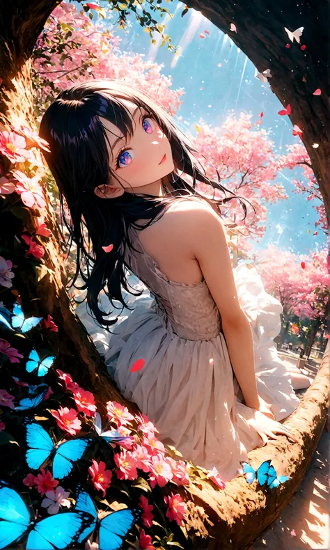 (woman(student, 15 years old, JK, Long hair, Colorful eyes, Pale skin，) look up to the sky), (Many butterflies flying in the air), Beautiful sky, Summer，Colorful flowers blooming everywhere, Mysterious and dreamy ,Huge tree，quality(8K,CG Wallpaper, masterp...