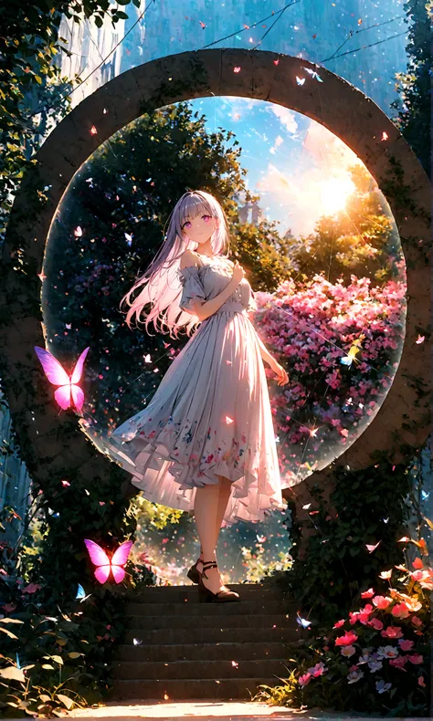 (woman(student, 15 years old, JK, Long hair, Colorful eyes, Pale skin，) look up to the sky), (Many butterflies flying in the air), Beautiful sky, Summer，Colorful flowers blooming everywhere, Mysterious and dreamy ,Huge tree，quality(8K,CG Wallpaper, masterp...