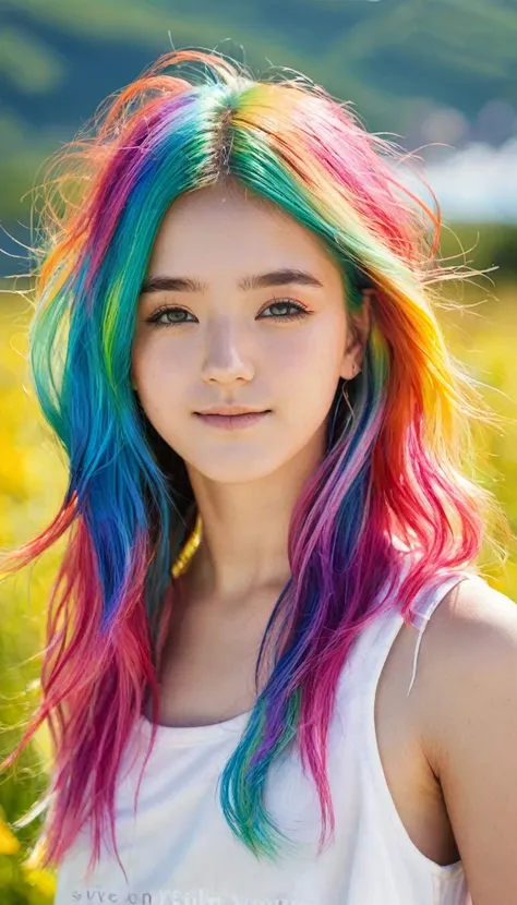 the brightness of a sunny summer day々under the clear sky、a stunning portrait of a 17-year-old girl with rainbow-colored hair tha...