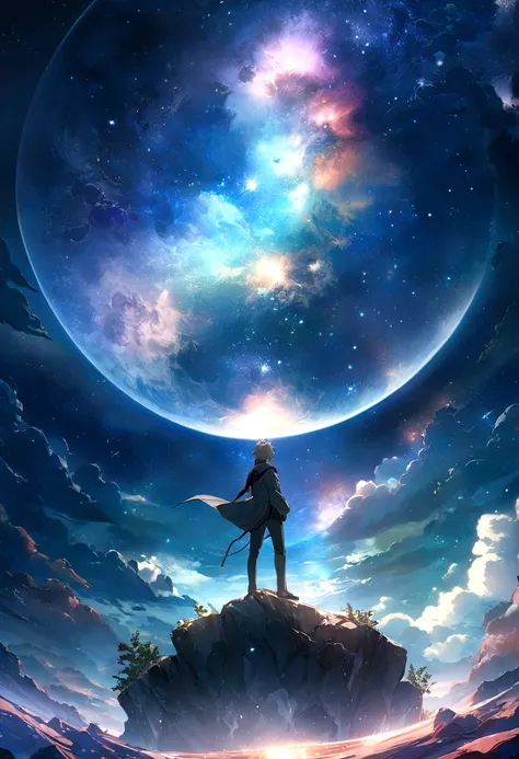 Anime boy standing on a rock and looking at the stars, Makoto Shinkai Cyril Rolando, anime art wallpaper 4k, anime art wallpaper 4k, Anime Art Wallpapers 8K, Space Sky. by makoto shinkai, Inspired by Cyril Rolland, And Mumford&#39;Artwork Style, Awesome Wa...