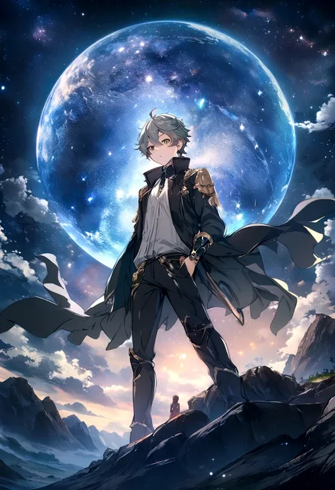 Anime boy standing on a rock and looking at the stars, Makoto Shinkai Cyril Rolando, anime art wallpaper 4k, anime art wallpaper 4k, Anime Art Wallpapers 8K, Space Sky. by makoto shinkai, Inspired by Cyril Rolland, And Mumford&#39;Artwork Style, Awesome Wa...