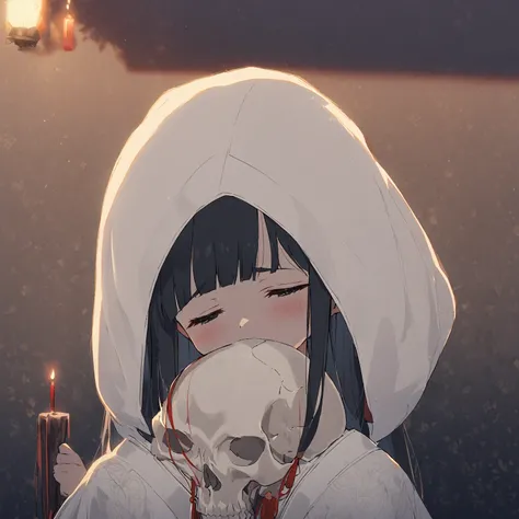 1girl、Black hair, long hair、white kimono,wedding,wataboushi,uchikake,standing,white hood,、shiromuku、Red candle、 skull, cheeks to skull, evening,faint light、deep shadows、