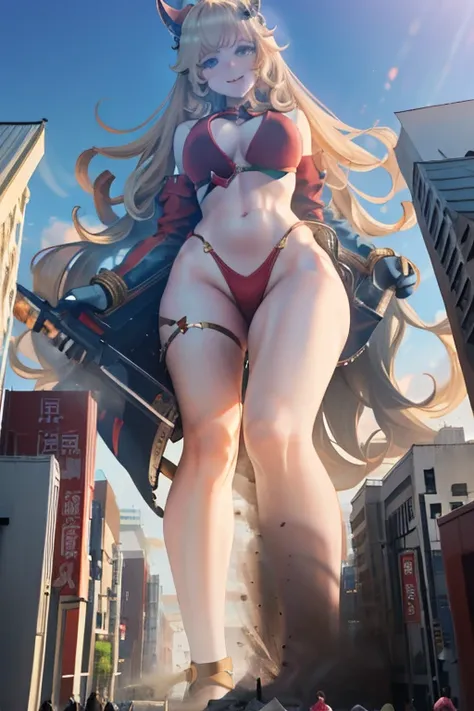 Giant Girl 50,000 feet high，Have a pair of long legs，Have a pair of huge breasts，Wearing a red bikini，Waist length blonde hair，Loose hair，Wear a pair of Mary Janes，Blonde curly hair，full of enjoyment，Standing firm in a crowded city, vandalism，It seems to b...