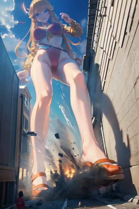 Giant Girl 50,000 feet high，Have a pair of long legs，Have a pair of huge breasts，Wearing a red bikini，Waist length blonde hair，Loose hair，Wear a pair of Mary Janes，Blonde curly hair，full of enjoyment，Standing firm in a crowded city, vandalism，It seems to b...