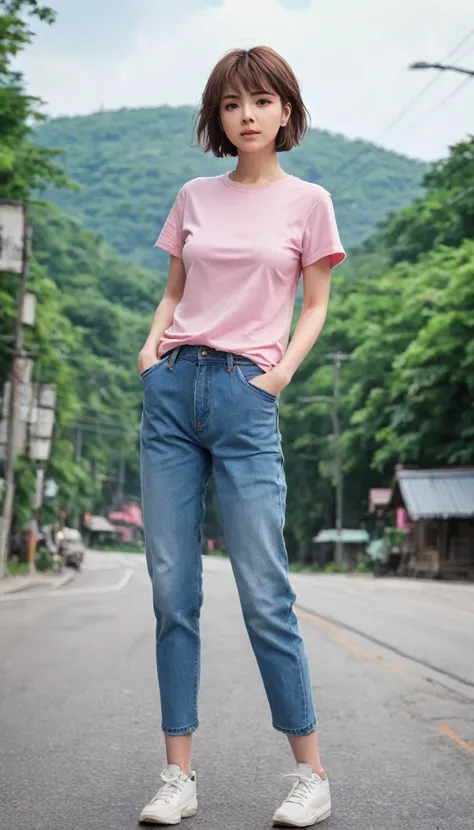 "(workshop))、High definition、The epitome of beauty, whole body、Stunning beauty、Janet Favonian、Small breasts、(High-definition Ghibli-style animation)、Angry blush、Standing on the street near the river、Staring at the viewer in a pink T-shirt and denim pants、N...