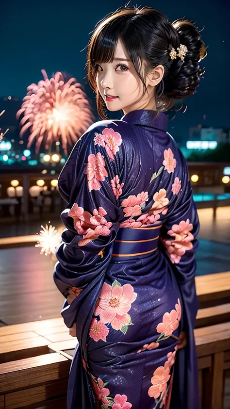 ＡＩBeauty、Real Beauty、Yukata Prompt、Fireworks display、Night view、Heart patterned yukata、Show off your whole body、Beautiful woman looking back