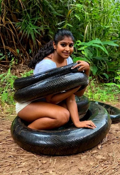  Happy Horny, aroused 1girl), beautiful kneeling indian thick young teen girl  with  giant colossal black titanboa squeezing her hard, wrapped in thick spiraling coils, constricted, struggle, gasping for air, snake attack, snake peril, moonless night, dim ...