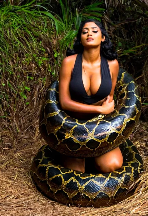  Happy Horny, aroused 1girl), beautiful kneeling indian thick young teen girl  with  giant colossal black titanboa squeezing her hard, wrapped in thick spiraling coils, constricted, struggle, gasping for air, snake attack, snake peril, moonless night, dim ...