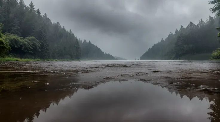 A lot of rain is falling on the mirror-like surface of the water, and it keeps raining all the time, (Photographic, Best Quality, High Quality, Highres:1.4), Detailed, Extremely Detailed, Ambient Soft Lighting, 4K, Background, Depth of Field, 