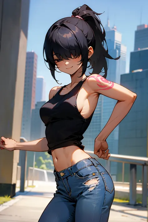 1female, dark skin, black hair, hair over eyes, bangs, ponytail, tanktop, jeans, arm tattoos, smiling, city background, detailed background, hands to side, standing on path