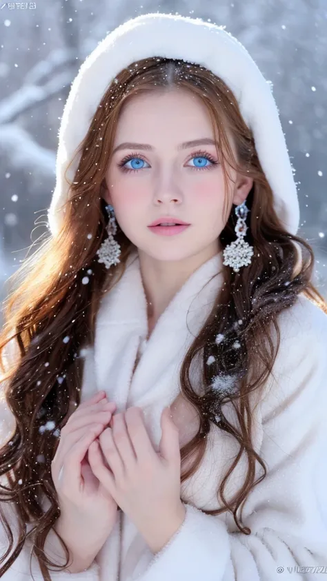 beautiful girl, blue eyes, long curly white hair witg, detailed facial traits, beautiful earrings, national turkic female dress,...