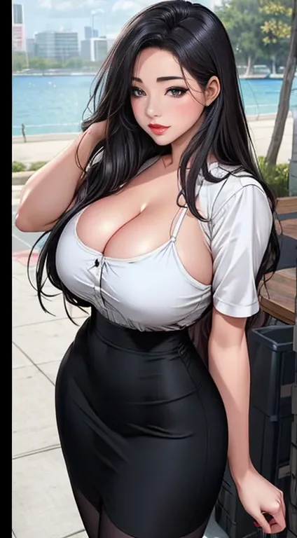 (8K, original photo, best quality, masterpiece:1.2),1 Girl,only,Become a,long hair,Black Hair, old,neckline,White shirt,Pencil Skirt,Black tights,outdoor,Looking at the audience,permanent, blush, drunk, Huge breasts, (((Full and soft breasts,)))(((Large Br...