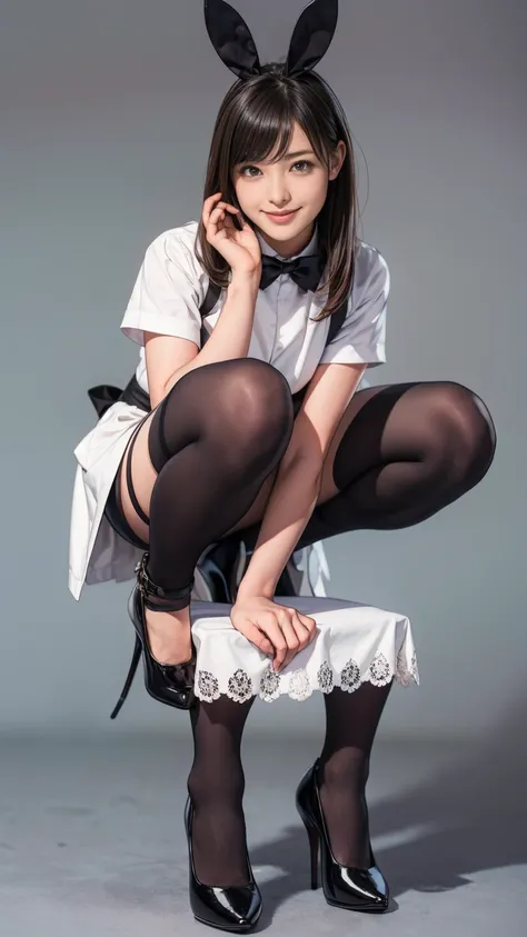 Bunny girl in maid outfit:1.5，wear black tights:1.5，The best smile:1.5，Full Body Shot:1.5，Gray background:1.5，Wearing black high heels:1.5，squat:1.5