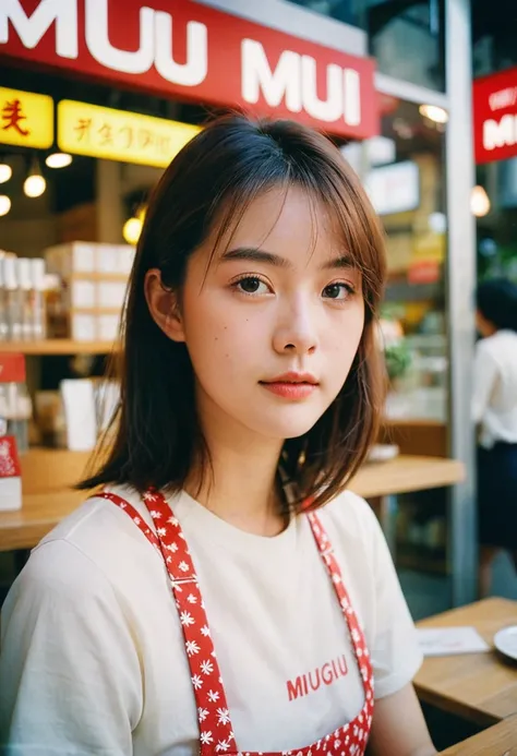 a double exposure photo of MagMix Girl, in muji cafe, analog film photo, Kodachrome.
