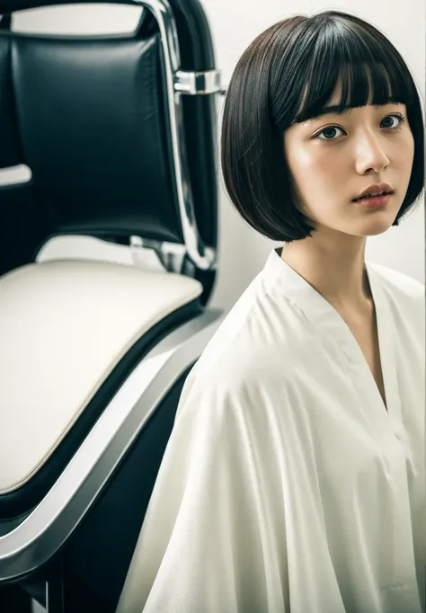 One girl, black hair, bangs, bob-cut hair, white cloth for haircut tied around her neck, sitting on a barber chair with her back straight, interior of a Showa retro old barber shop, spiritual silence, transcendental tranquility, Absurdres, HDR, ultra-detai...