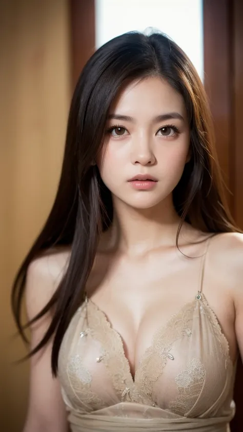 best quality, face focus, soft light, ultra high res, (photorealistic:1.4), RAW photo,
1japanese girl, solo, cute, (pupil, lights in the eyes),  detailed beautiful face, (small chest),(high resolution detail of human skin texture),
(long hair),
indoor,
Dam...