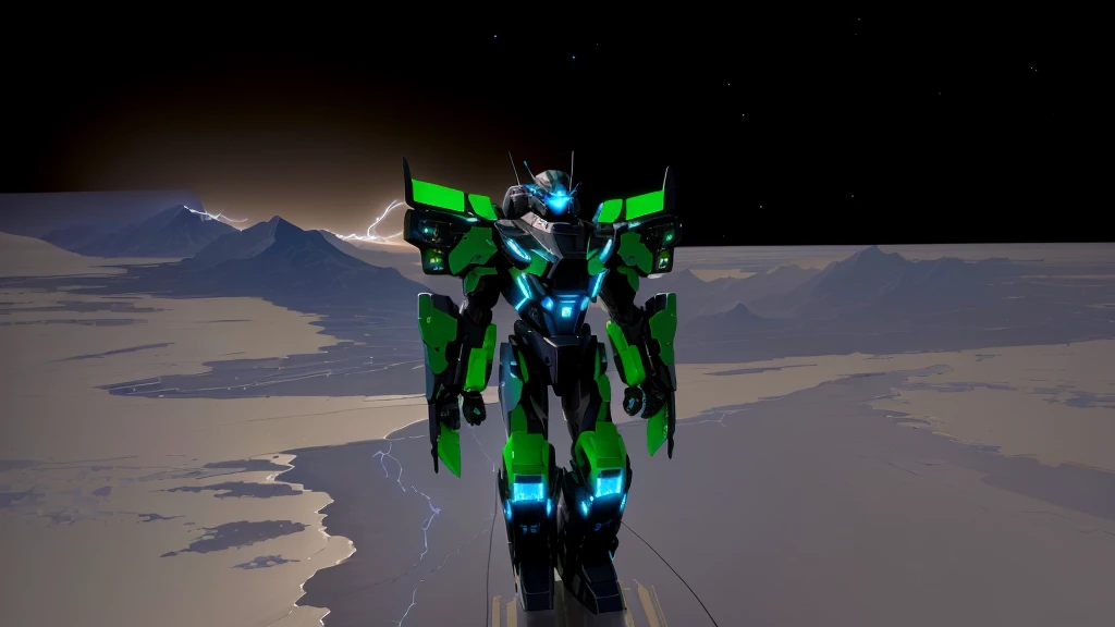 a black colored male transformer with green inserts, symmetrically arranged green parts, on the frontof the body not transparent cabin, on the back - aircrafts wings, arms from elbows to hands look like the front part of a aircraft, wheels are visible on t...