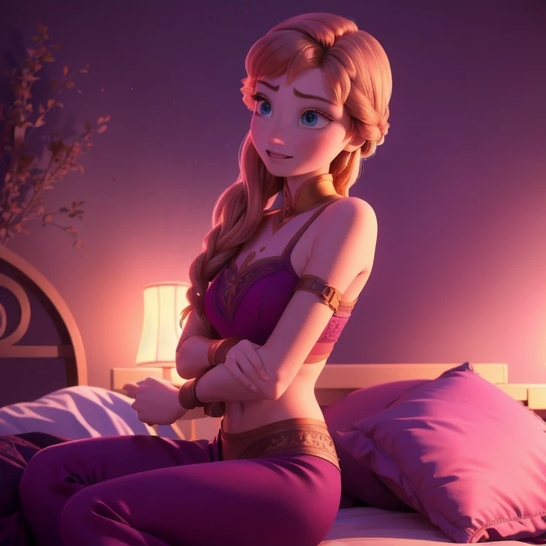 8k,High resolution, 3D, One girl,Bedroom, noon, (Looking at the audience), Princess of Arendelle,Cute silk lace panties,Pink Panties,Pink Bra,Princess Underwear,Embarrassing