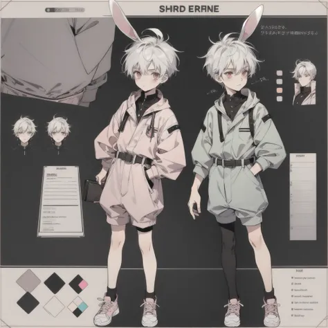 1boy, short pink and white hair, pink eyes, grey bunny outfit, Bunny ear, full body, character sheet, beat quality,best Quality