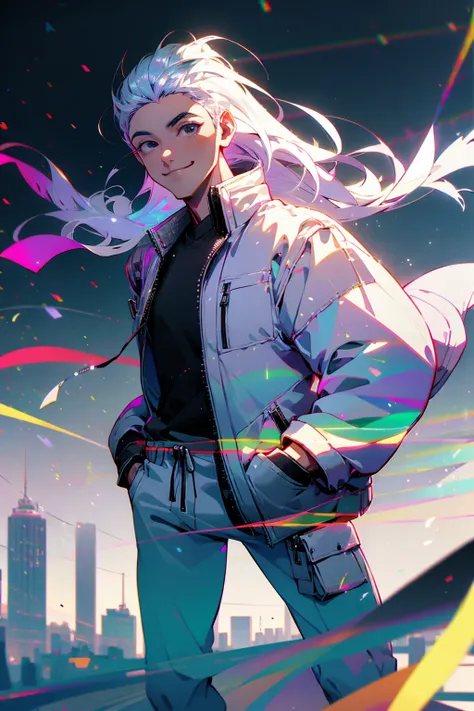 1male, iridescent hair, black eyes, smiling, open white jacket, baggy black joggers, city background, detailed background, hands to side, standing on path