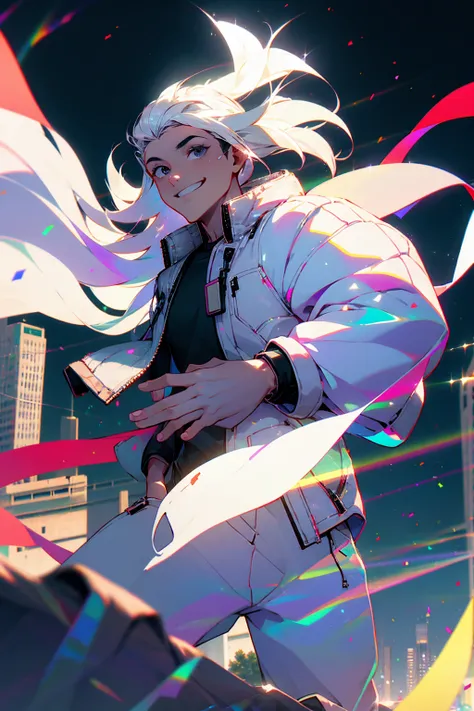 1male, iridescent hair, black eyes, smiling, open white jacket, baggy black joggers, city background, detailed background, hands to side, standing on path