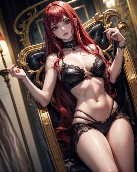 (melhor qualidade), (Obra de arte), (high resolution), [:detalhes intrincados:], (fundo detalhado) uma mulher vampira sexual encapuzada sentada em um trono com caveiras ao redor dela, ela tem olhos vermelhos,her clothes are red, her skin is white like a va...