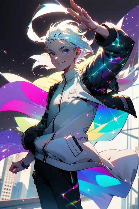 1male, iridescent hair, short hair, black eyes, smiling, open white jacket, baggy black joggers, city background, detailed background, hands to side, standing on path