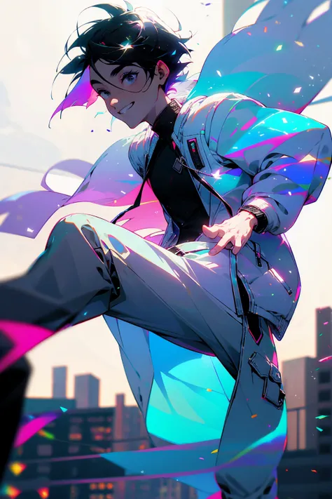 1male, iridescent hair, short hair, black eyes, smiling, open white jacket, baggy black joggers, city background, detailed backg...